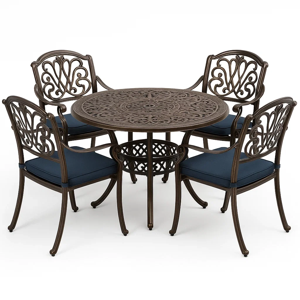 Set tavolo e sedie rotondo in alluminio con cuscini blu 5 pezzi