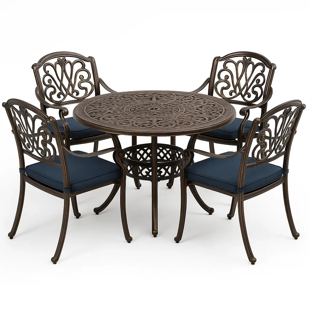 Set tavolo e sedie rotondo in alluminio con cuscini blu 5 pezzi