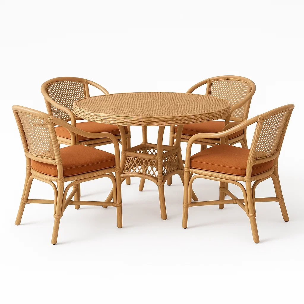 Set tavolo e sedie rotondo in rattan con tavolo e 4 sedie con cuscini arancioni