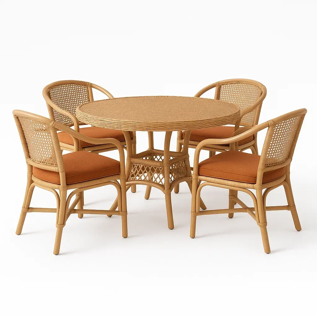 Set tavolo e sedie rotondo in rattan con tavolo e 4 sedie con cuscini arancioni
