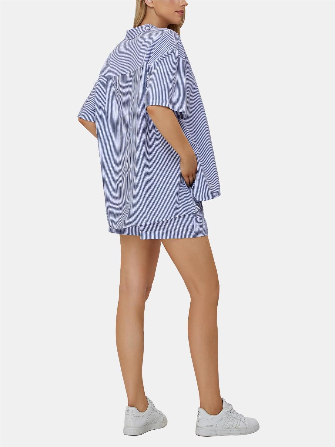 Women's Oversized Short Sleeve Button Down Shirt and Shorts 2-Piece Set