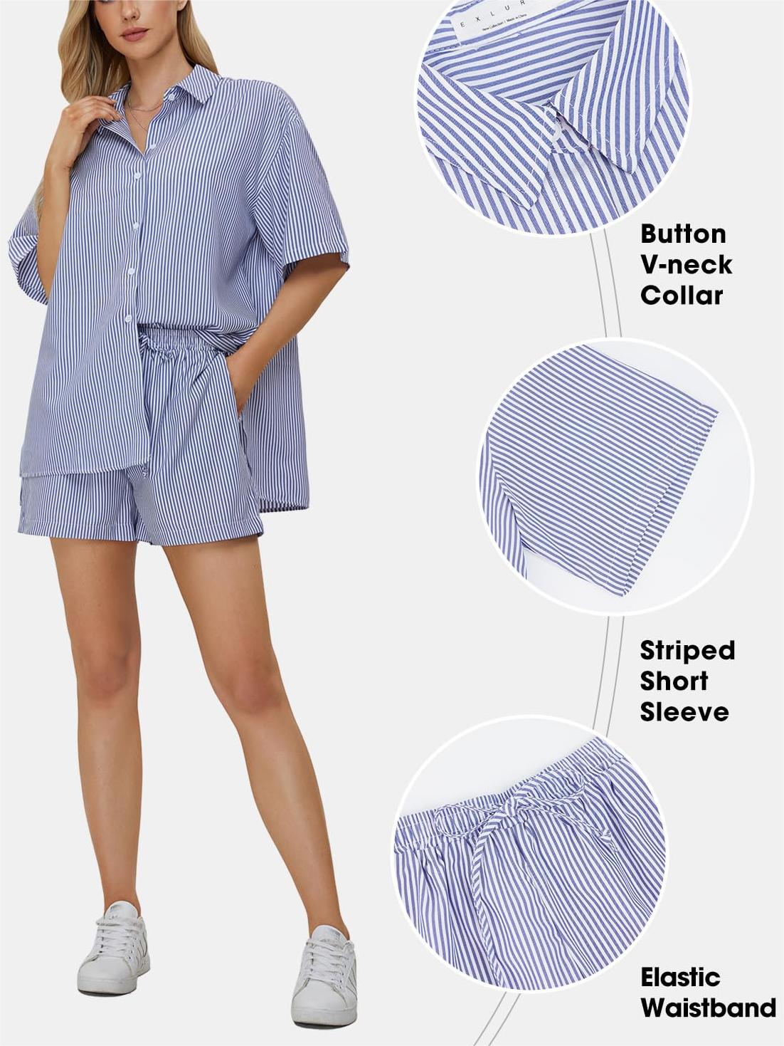 Women's Oversized Short Sleeve Button Down Shirt and Shorts 2-Piece Set