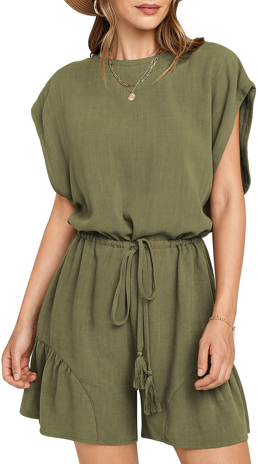 Women's Summer Casual Linen Romper with Drawstring