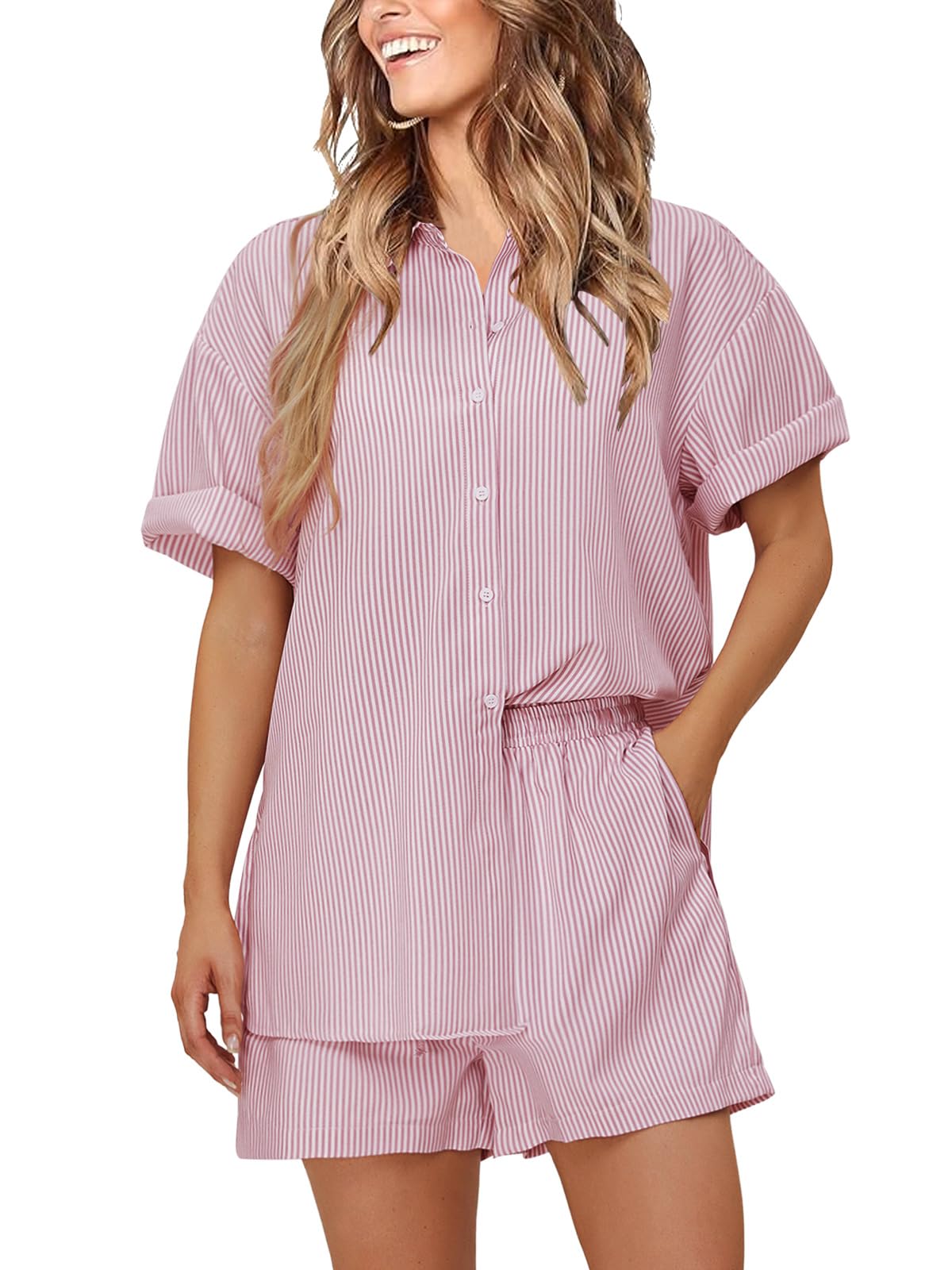 Women's Oversized Short Sleeve Button Down Shirt and Shorts 2-Piece Set
