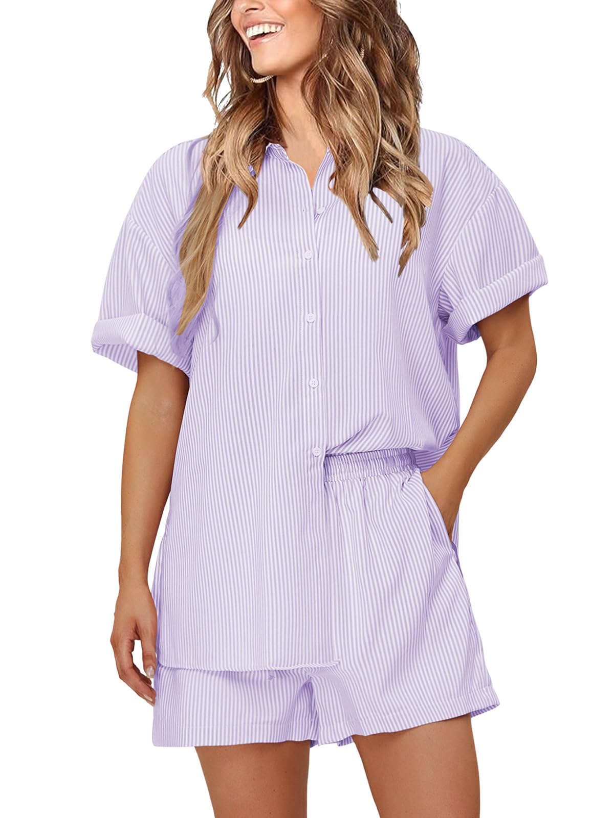 Women's Oversized Short Sleeve Button Down Shirt and Shorts 2-Piece Set