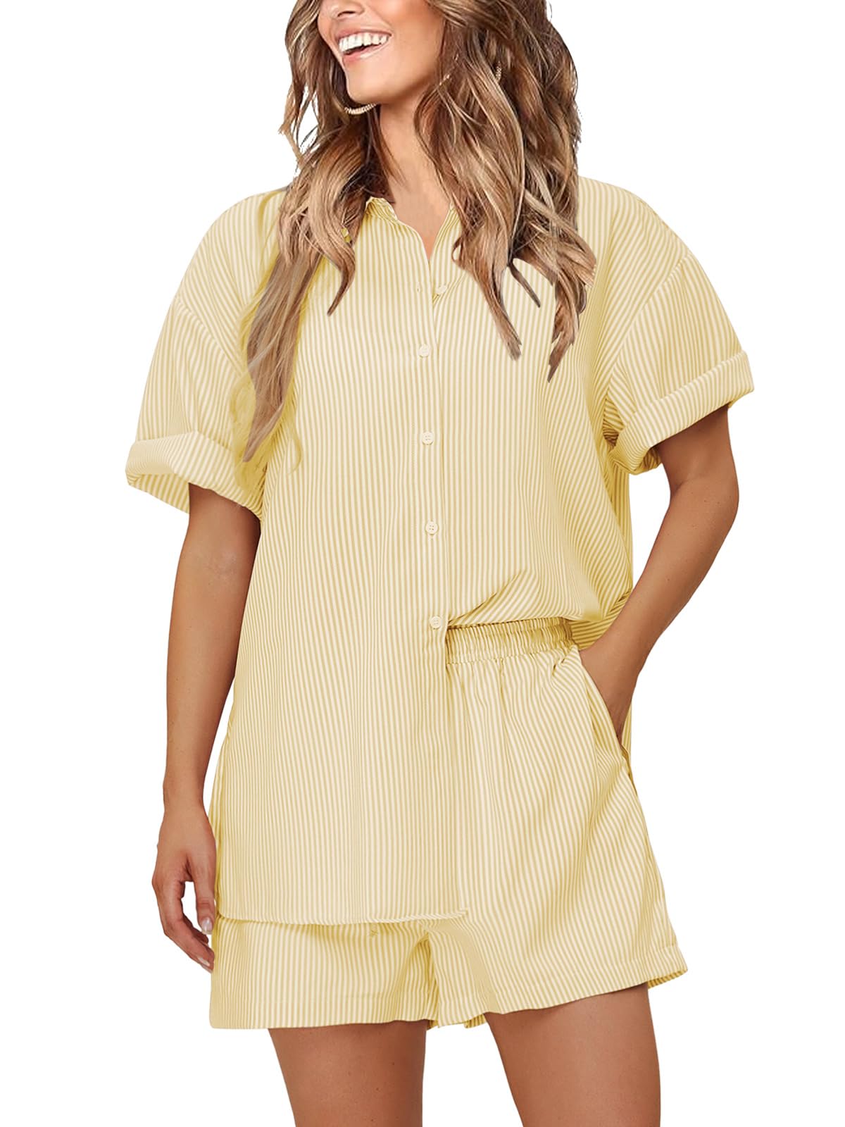 Women's Oversized Short Sleeve Button Down Shirt and Shorts 2-Piece Set