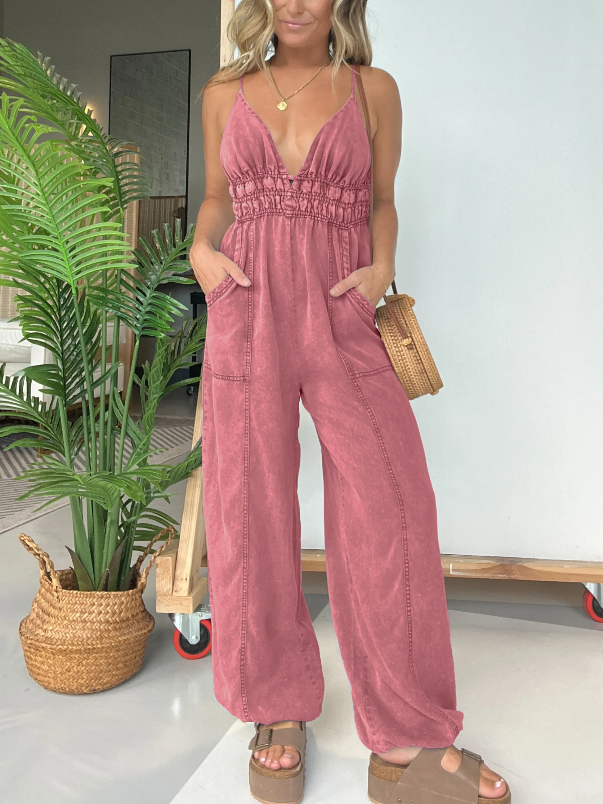 Adjustable Straps Lightweight  V-Neck Jumpsuit （Buy 2 Free Shipping）