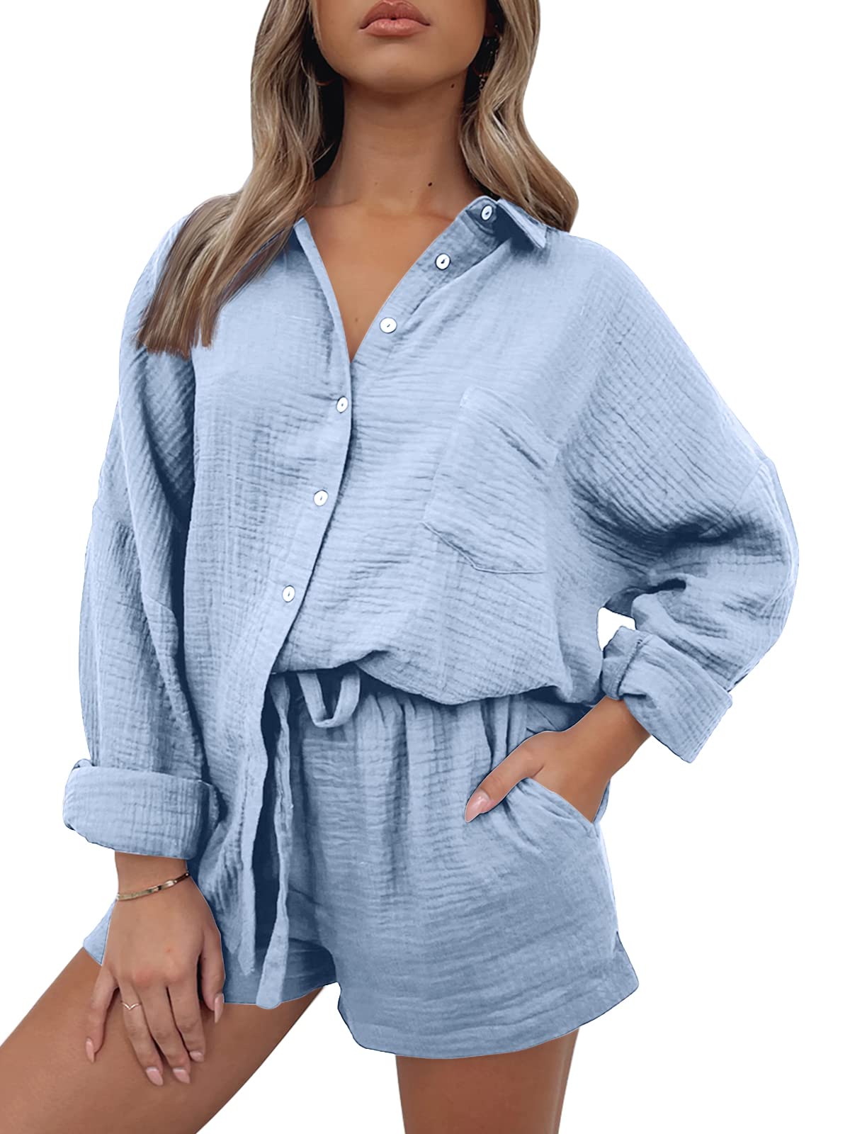 Women Lounge Sets Long Sleeve Oversized Shirts And Shorts Tracksuit