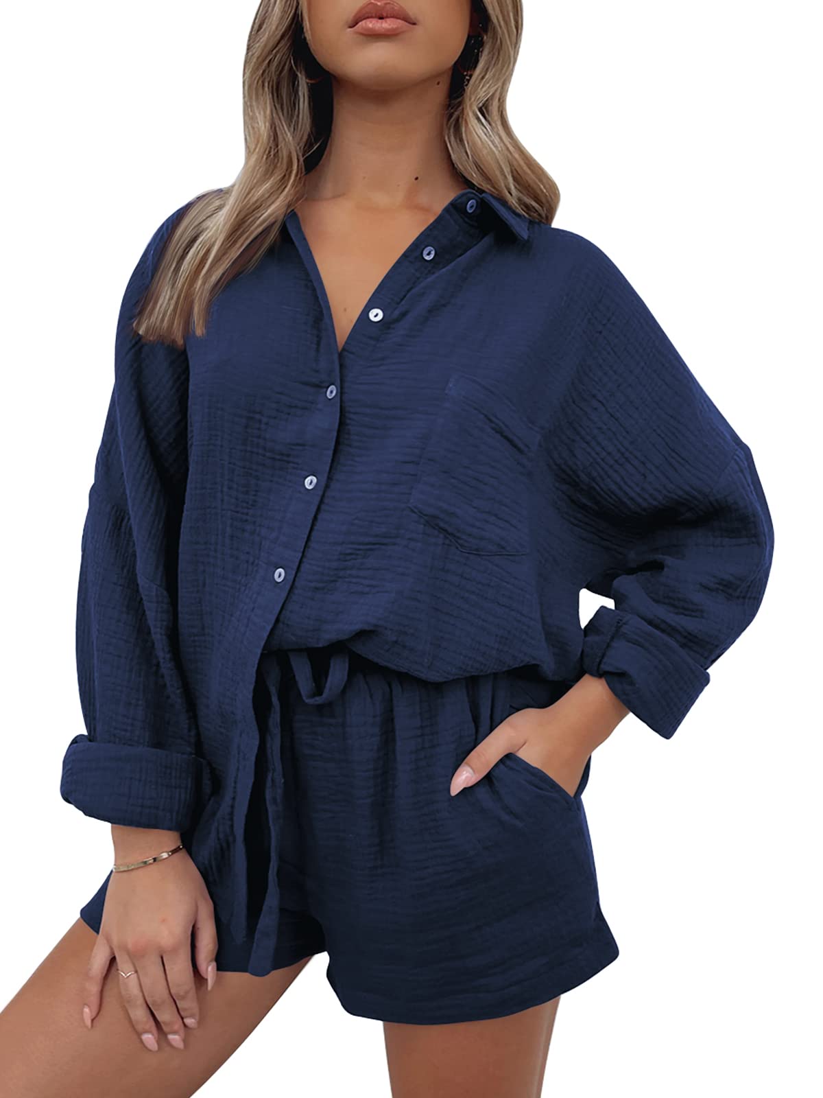 Women Lounge Sets Long Sleeve Oversized Shirts And Shorts Tracksuit