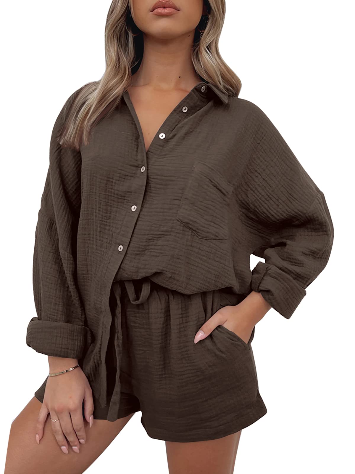 Women Lounge Sets Long Sleeve Oversized Shirts And Shorts Tracksuit