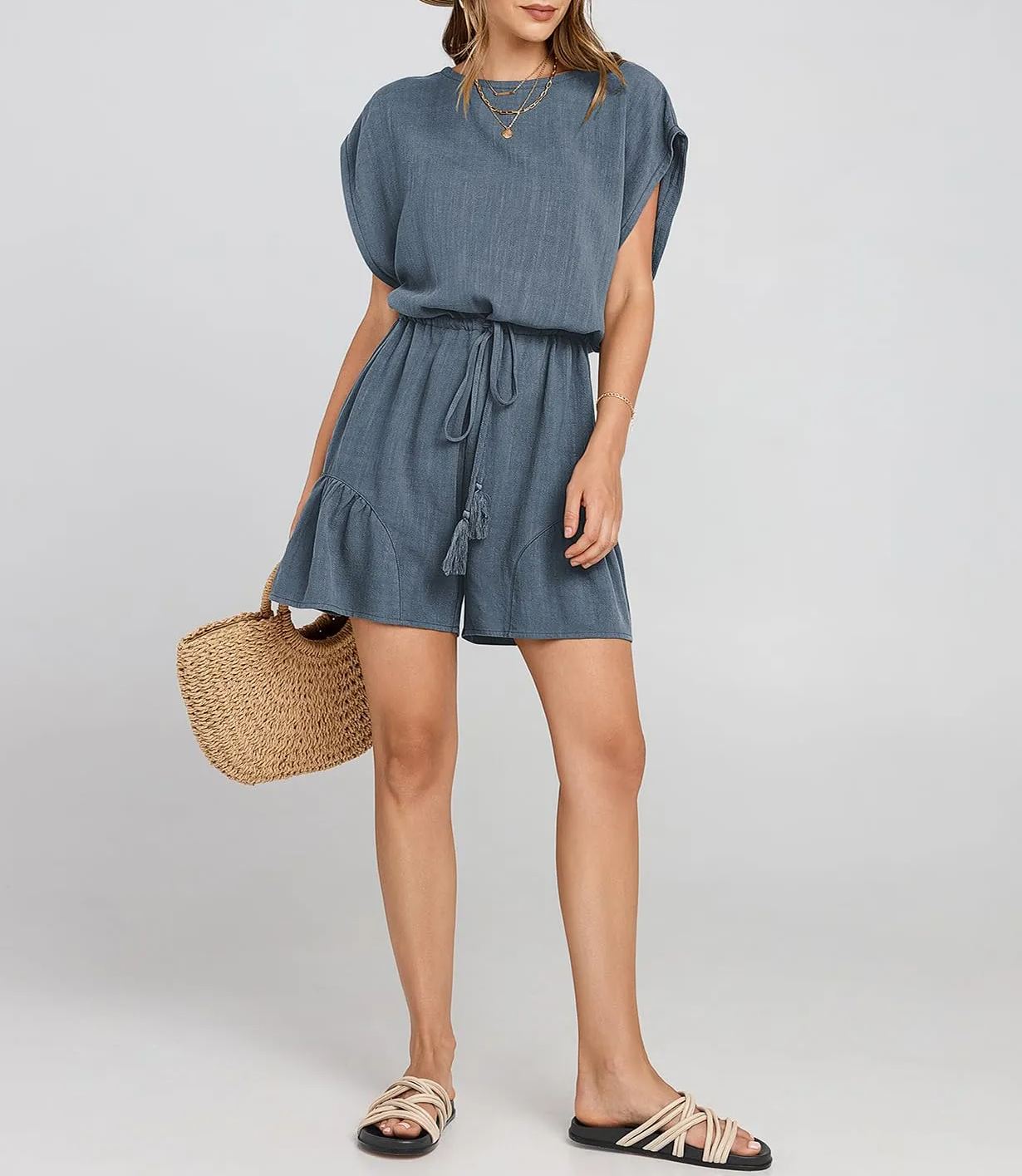 Women's Summer Casual Linen Romper with Drawstring
