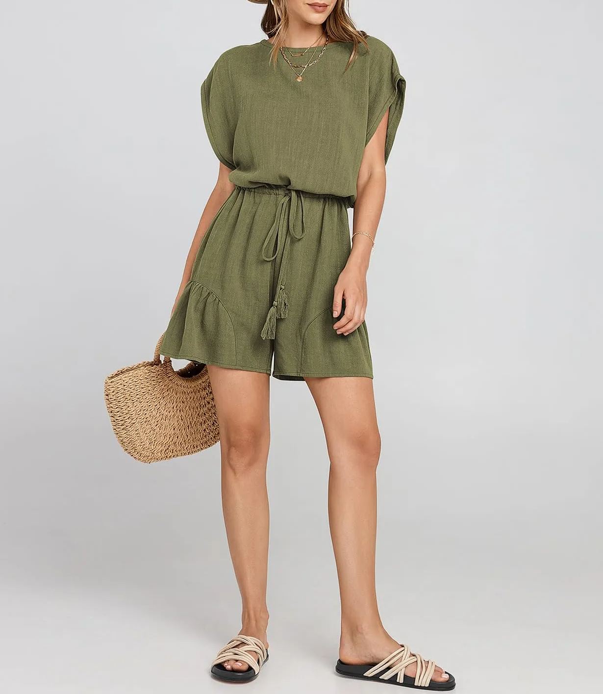 Women's Summer Casual Linen Romper with Drawstring