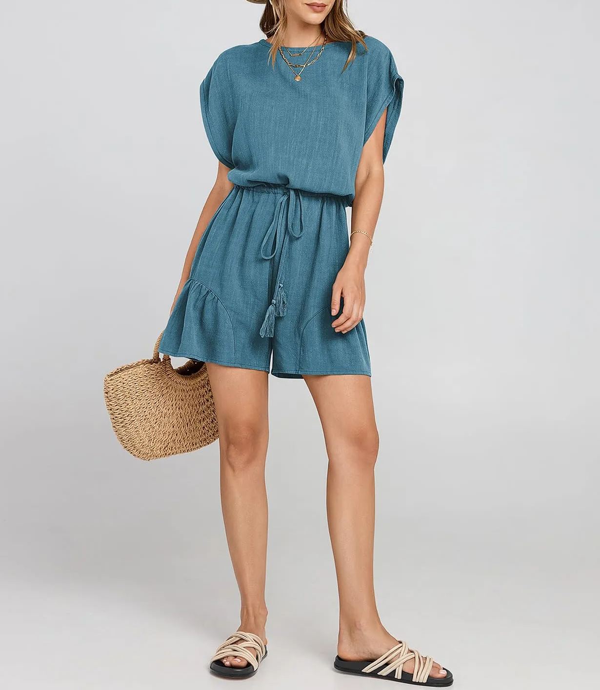 Women's Summer Casual Linen Romper with Drawstring