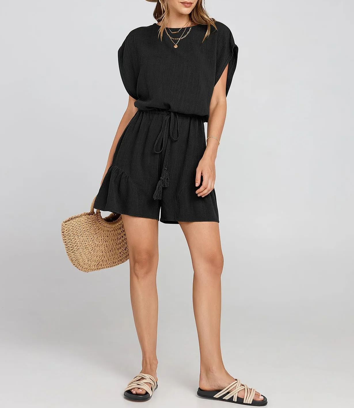 Women's Summer Casual Linen Romper with Drawstring