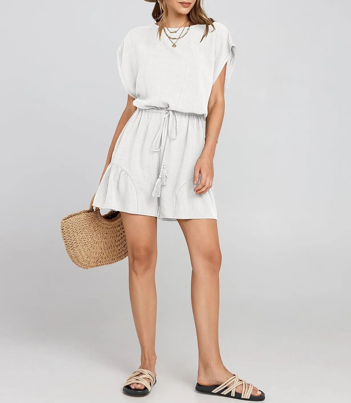 Women's Summer Casual Linen Romper with Drawstring