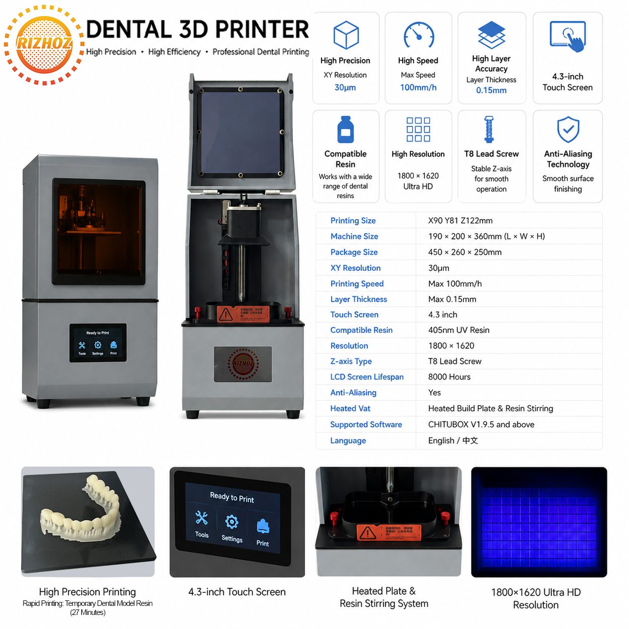 RIZHOZ Dental 3D Printer – Precision Engineered for Resin-Based Dental Workflows