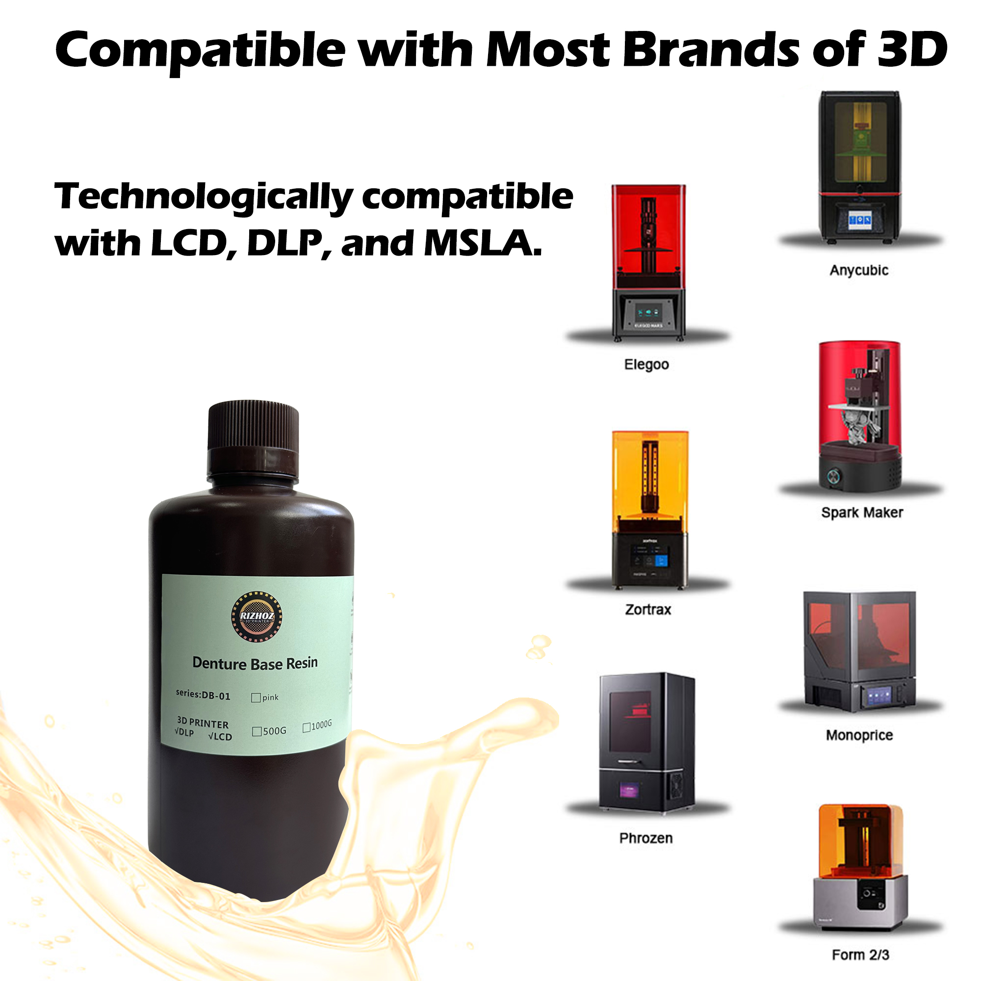 RIZHOZ Denture Base Resin 405nm for LCD/DLP 3D Printers – High Strength, Natural Color, Stable Fit for Denture Fabrication