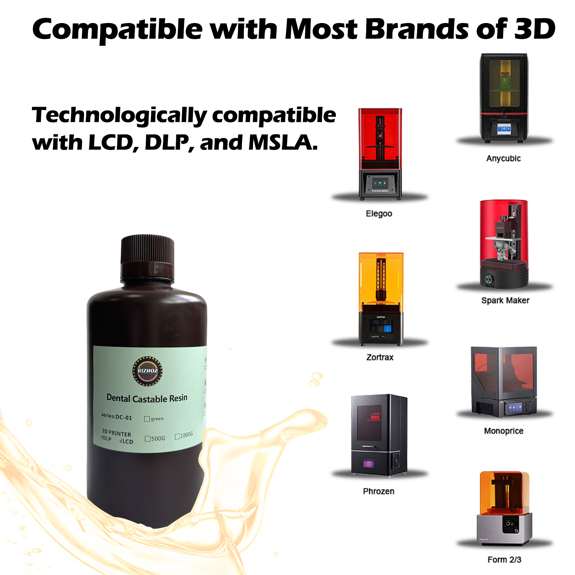 RIZHOZ Dental Castable Resin 405nm for LCD/DLP 3D Printers – Clean Burnout, Low Shrinkage, Ideal for Crown & Bridge