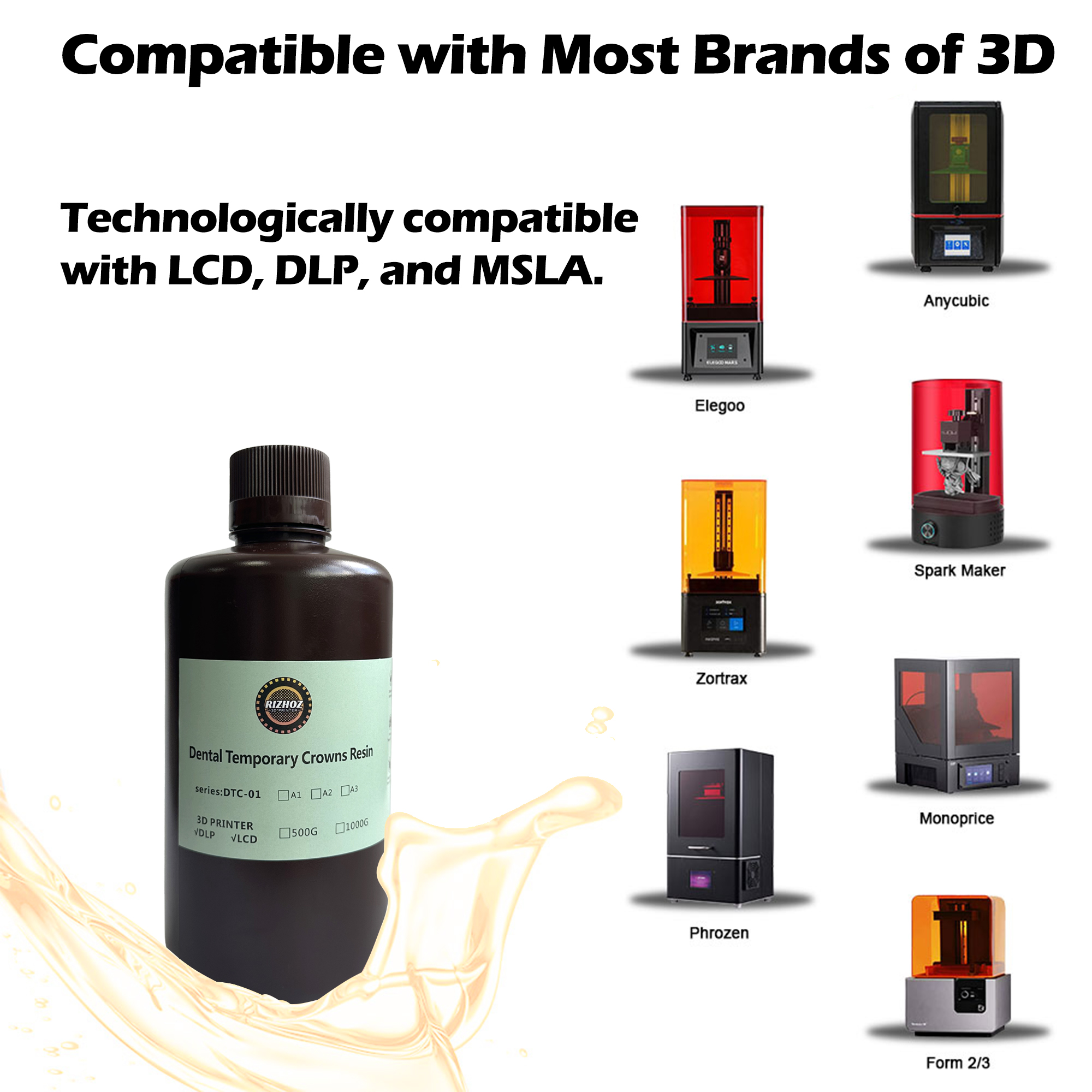 RIZHOZ Temporary Dental Crown Resin 405nm for LCD/DLP 3D Printers, High Precision, Hardness, Fast Curing, 