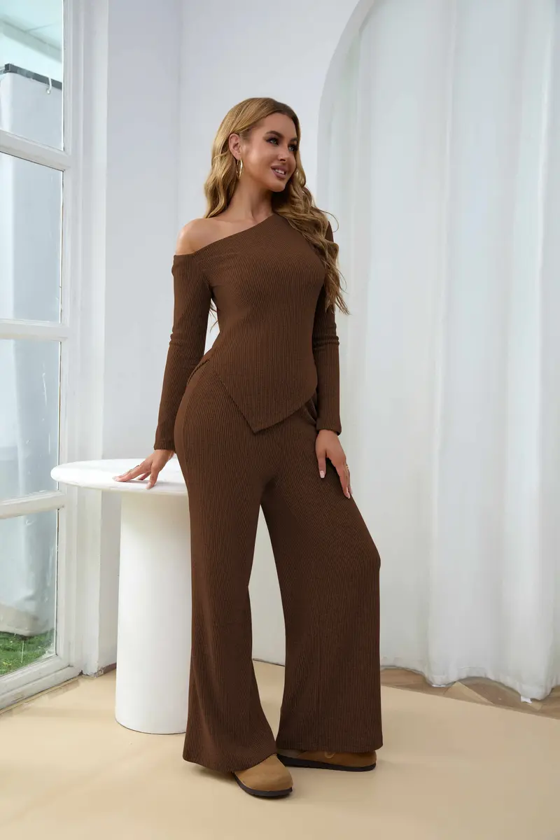 USBoutique Chic Sherpa Set for Women Asymmetric Shoulder Top & High Waist Wide Leg Pants Soft Winter Outfit Beige Color Womenswear Clothes Suits Trouser
