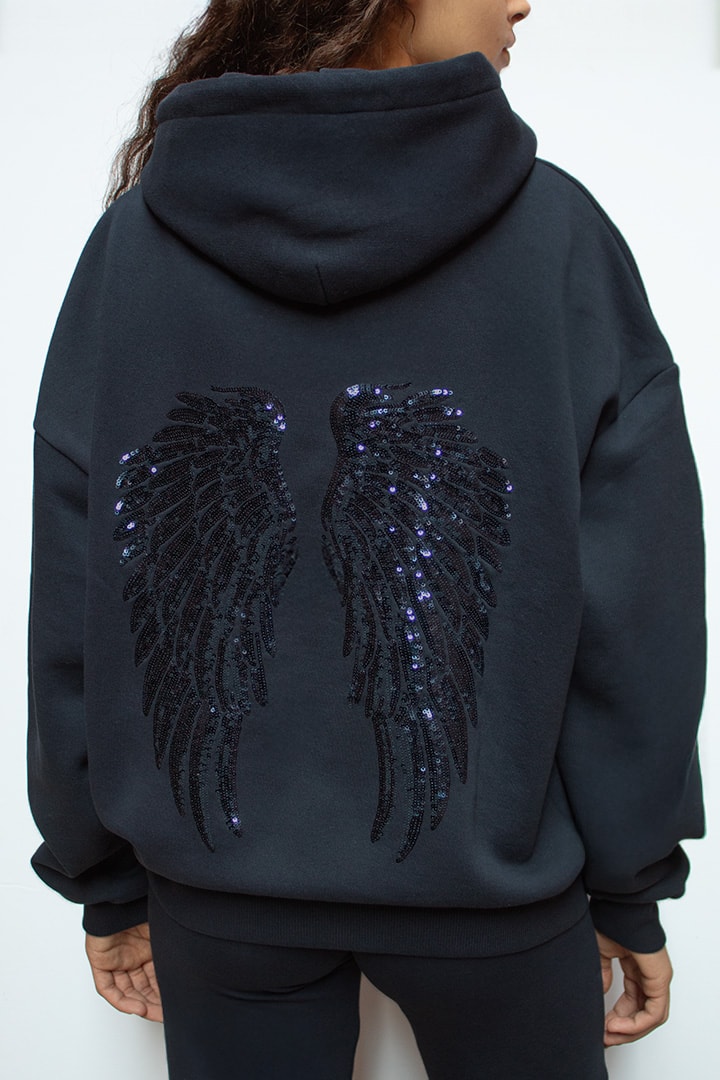 Fashion Loungewear Outfit High Steet Tracksuit Women's Grey Sequin Angel Wings Crop Hoodie Top and Sweatpants Set Fashion Casual
