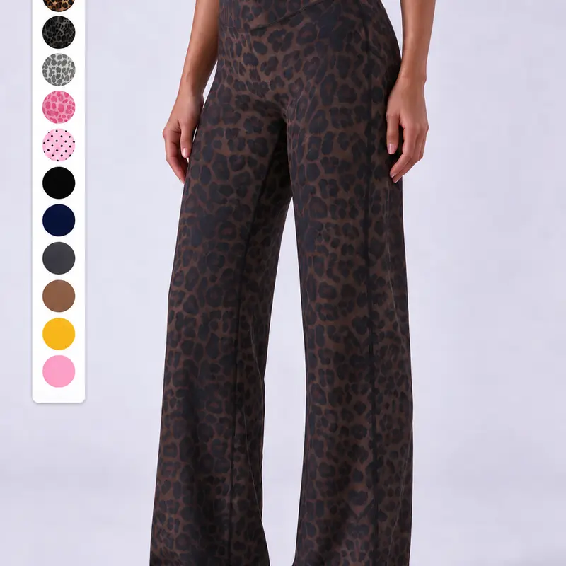 Women’s minimalist lightweight leopard-print mid-rise wide-leg pants — elastic waistband, fluid drape, straight cut, 9/10 length, suitable for outdoor settings, available in multiple colors, including solid and printed options, ideal for casual wear.,soho