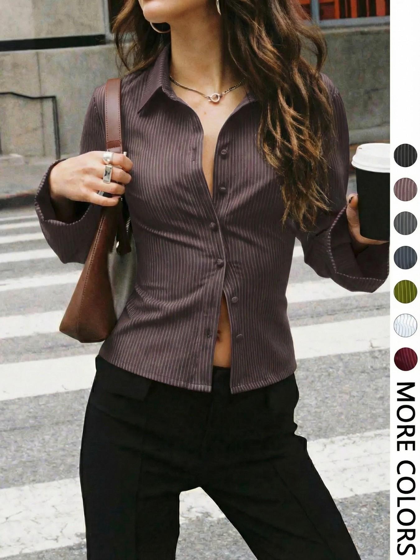 Women's V-Neck Button Front Blouse, Long Sleeve Slim-Fit Casual Shirt, Striped Pattern, Spring & Fall Fashion, Daily Wear