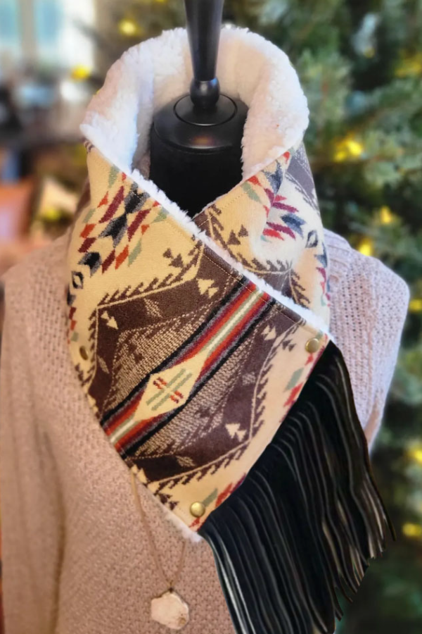 Women's Western Fringed Shawl - Color Block Aztec