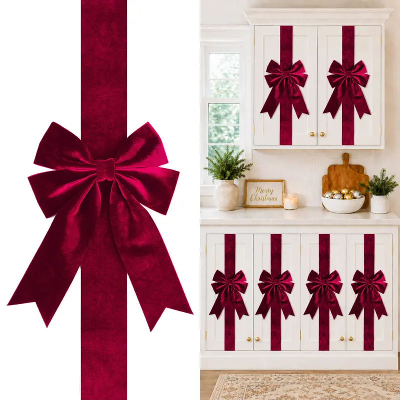 4-Piece Velvet Christmas Cabinet Bows – Ribbon Decorations for Doors