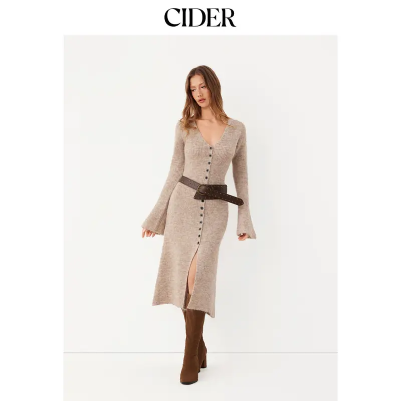 Womens Knit V-Neck Button Front Midi Dress in Mocha