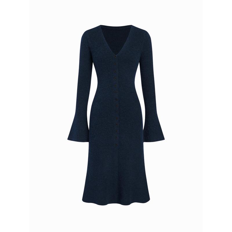 Womens Knit V-Neck Button Front Midi Dress in Mocha