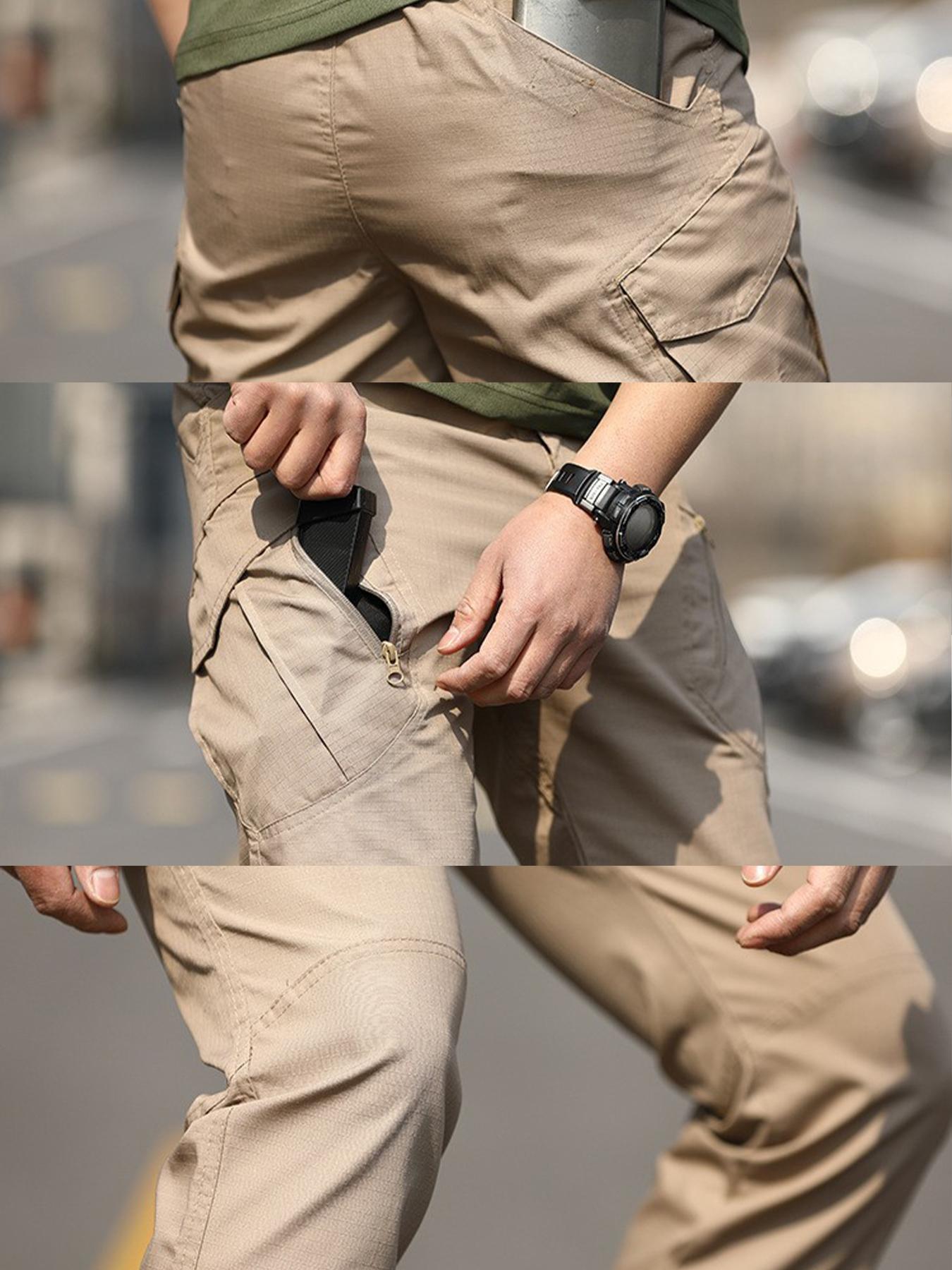 Men's 2PCS Tactical Cargo Pants - Combat, Multi-Purpose Styles, Mid Waist Pull-On Fit, Multi-Pocket, Durable Breathable Poly Fabric, All Seasons, Stylish Plain Beige, Big-Small Zipper, for Hiking & Construction, Casual Slacks, Outdoor, Menswear