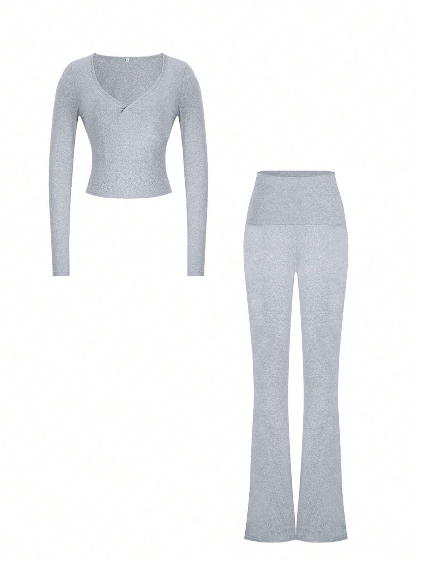 Slim-Fit Crop Top & Pants Two-Piece Set, Chic Solid Color V-Neck Long Sleeve for Fall and Winter, Airport Outfit Womenswear