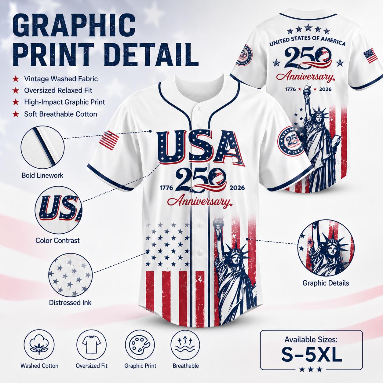 USA 250th Anniversary Baseball Jersey 1776&ndash;2026 Patriotic Independence Day 4th of July Liberty Statue Print Men Women American Flag Sports Tee Vintage Soft Cotton Oversized Relaxed Fit USA Pride Celebration Shirt,summerwins,father'sdaygifts