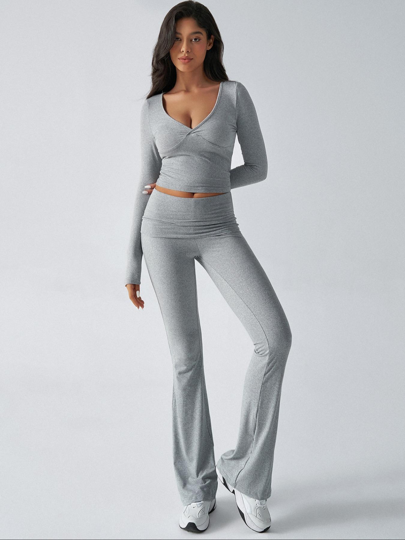 Slim-Fit Crop Top & Pants Two-Piece Set, Chic Solid Color V-Neck Long Sleeve for Fall and Winter, Airport Outfit Womenswear