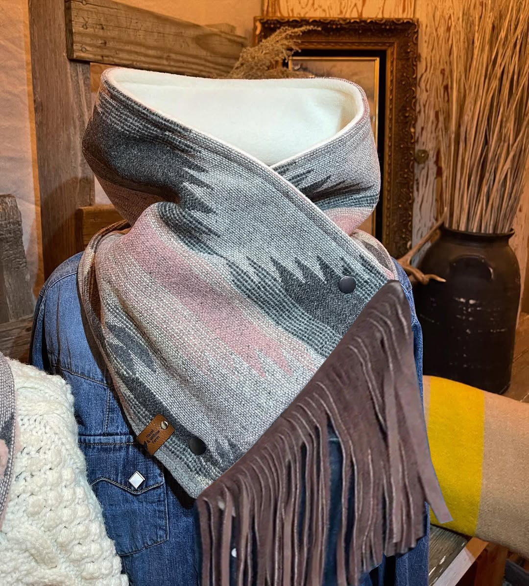 Western Fringed Scarf - Pink/Grey Aztec Pattern