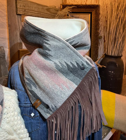 Western Fringed Scarf - Pink/Grey Aztec Pattern
