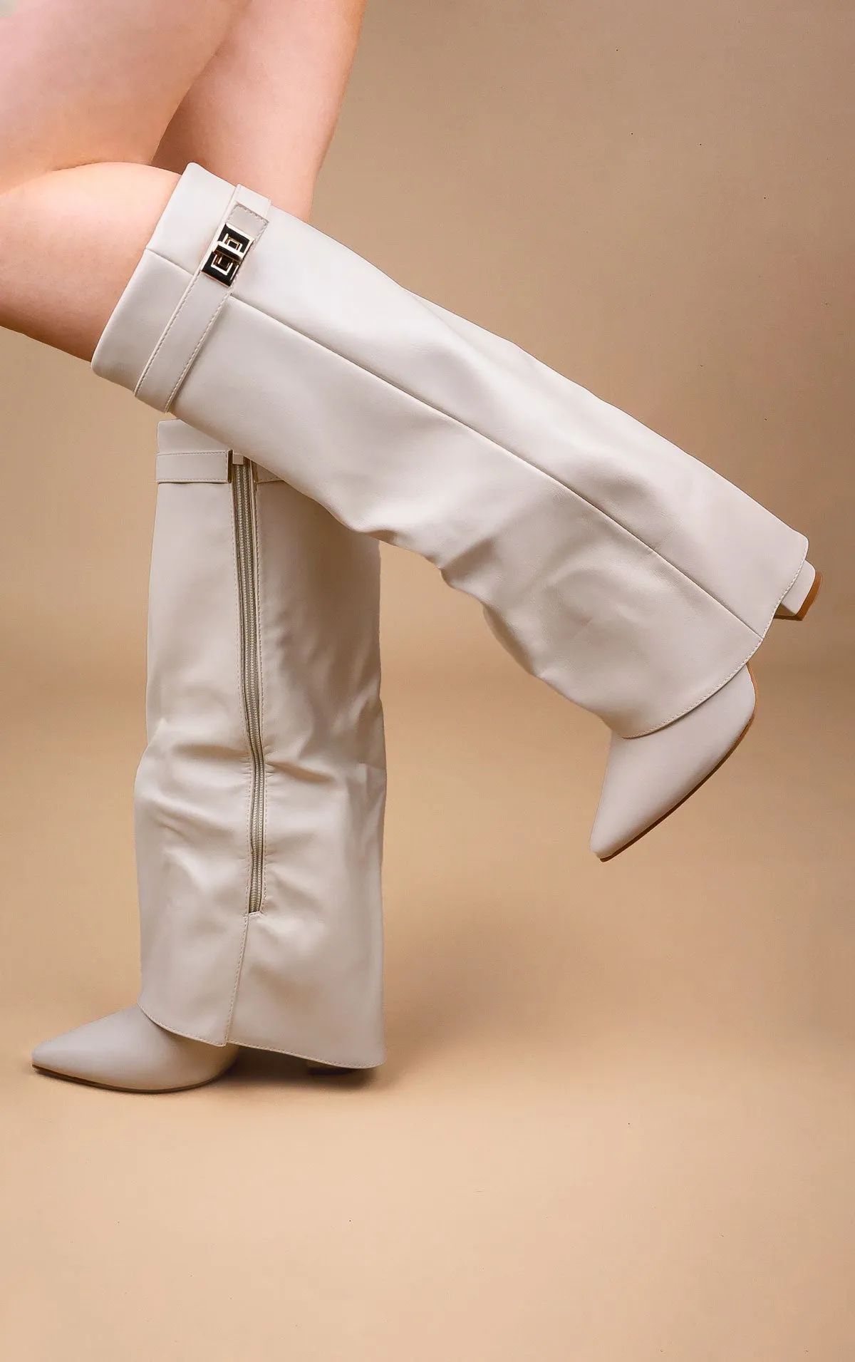 Taupe Faux Suede Slouchy Fold Over Shark Boots