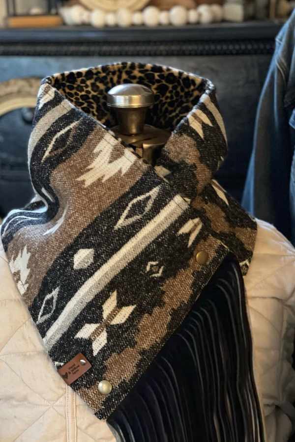 Western Fringed Scarf - Black Aztec Pattern