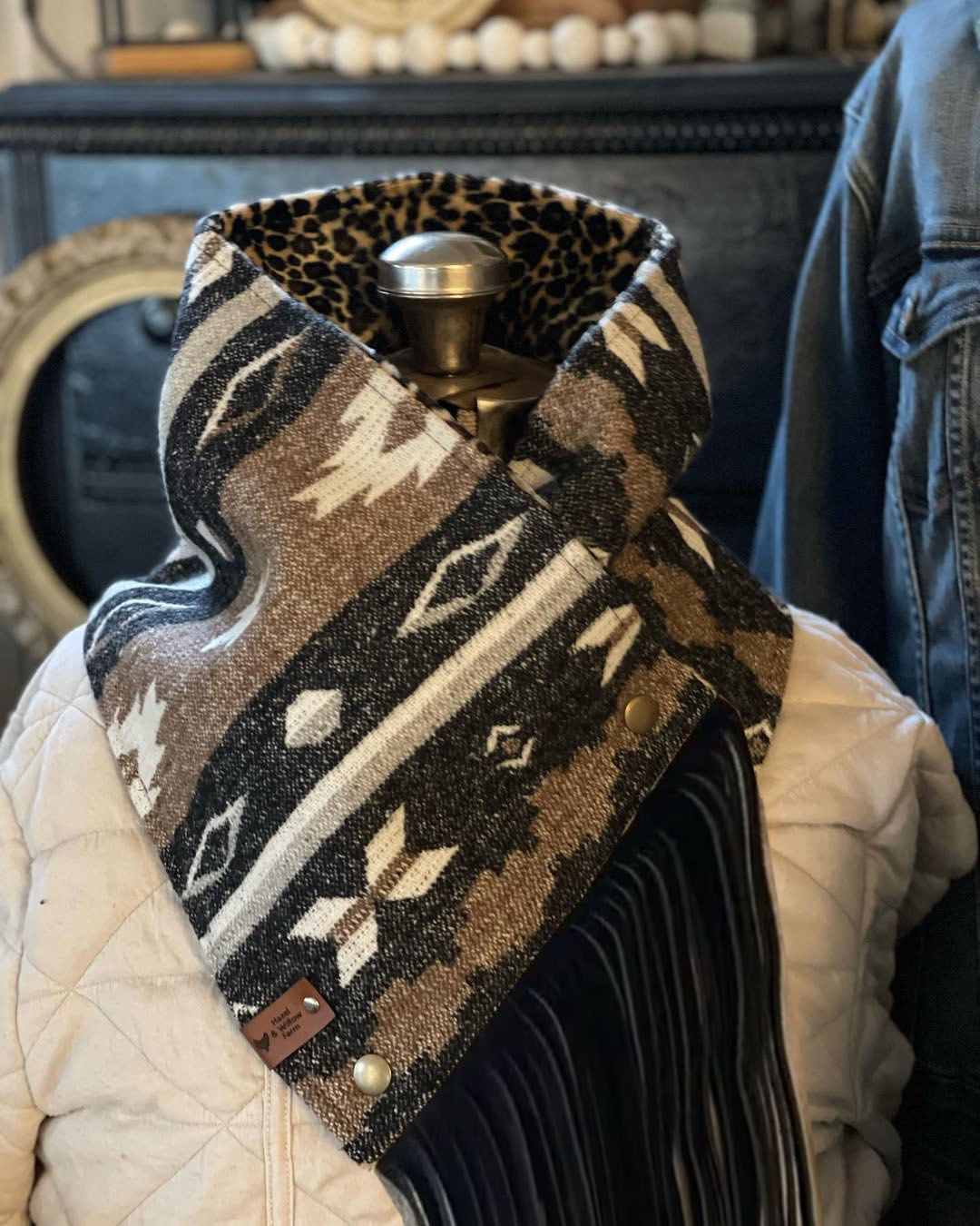 Western Fringed Scarf - Black Aztec Pattern