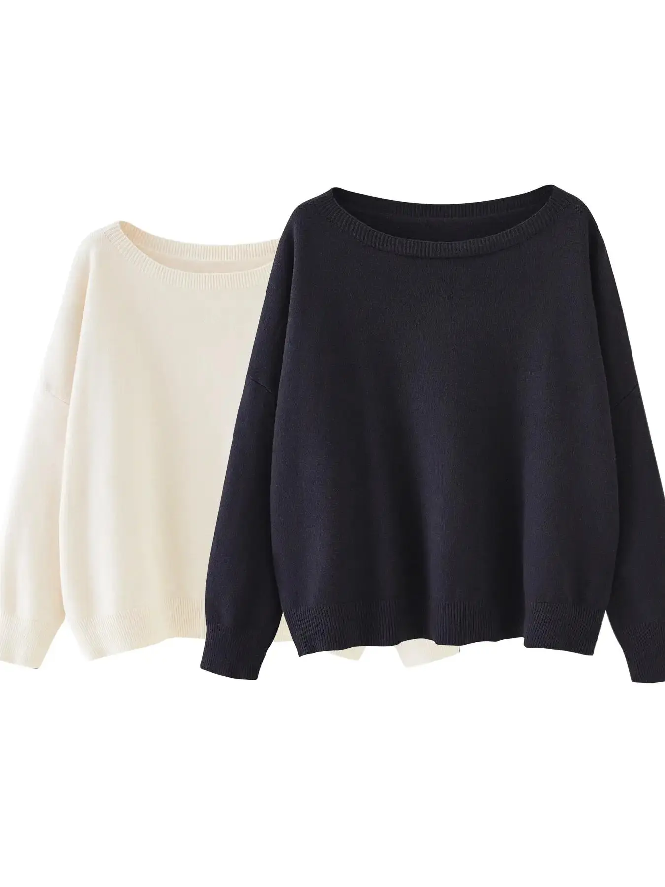Women's Plain Scoop Neck Sweater Casual Long Sleeve Knit Top for Fall & Winter