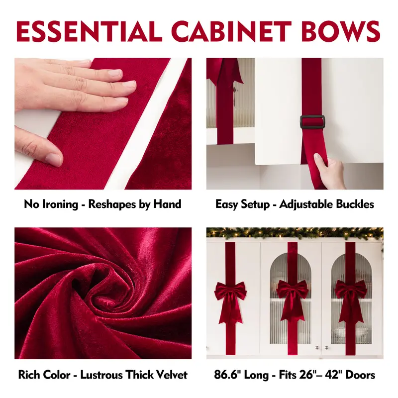 4-Piece Velvet Christmas Cabinet Bows – Ribbon Decorations for Doors