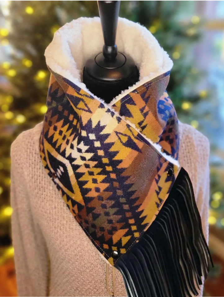 Women's Western Fringed Shawl - Color Block Aztec