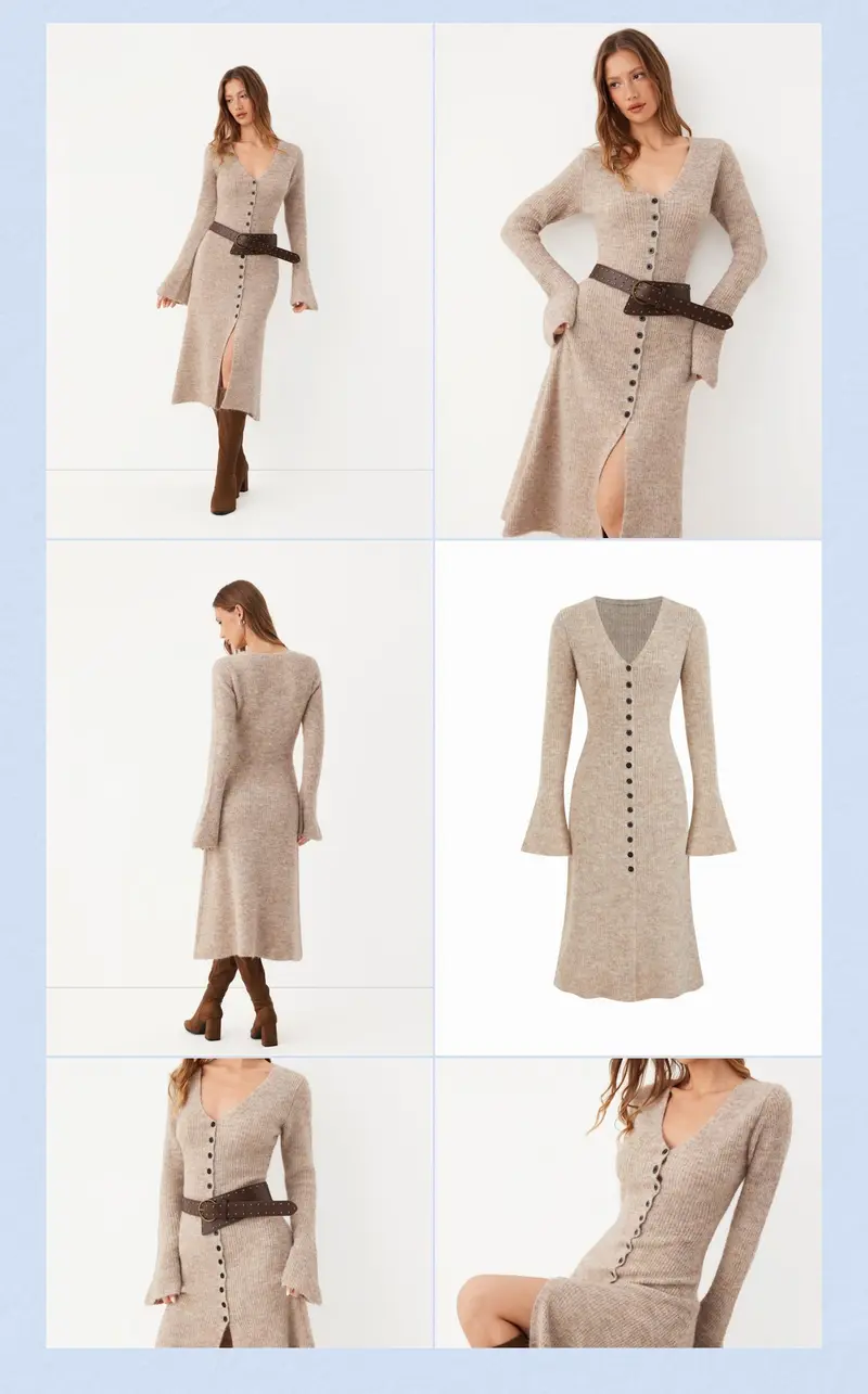 Cider Knit V-Neck Button Front Bell Sleeve Midi Dress