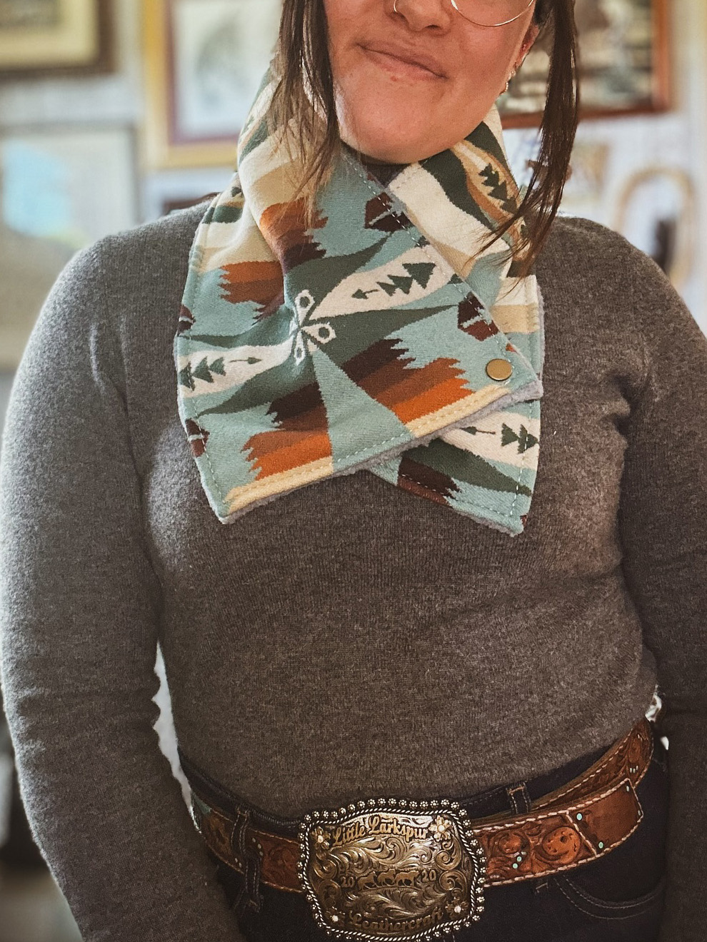 Women's Western Green Aztec Warm Neck Hood