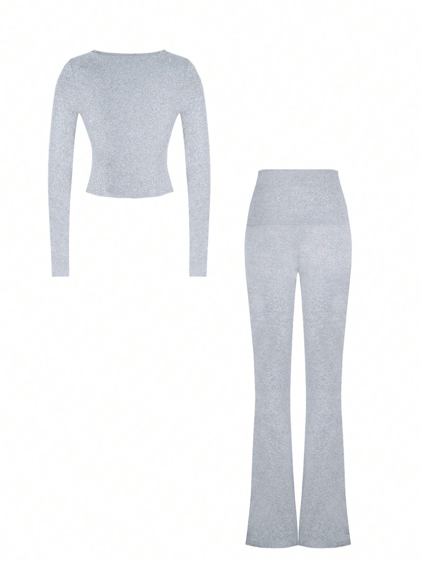 Slim-Fit Crop Top & Pants Two-Piece Set, Chic Solid Color V-Neck Long Sleeve for Fall and Winter, Airport Outfit Womenswear