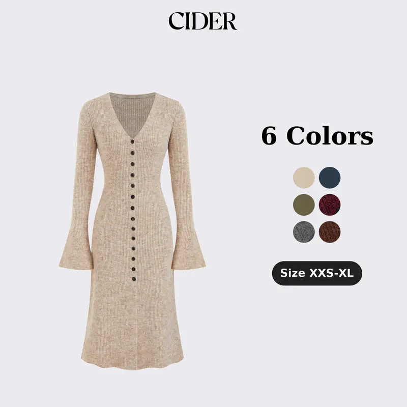 Womens Knit V-Neck Button Front Midi Dress in Mocha