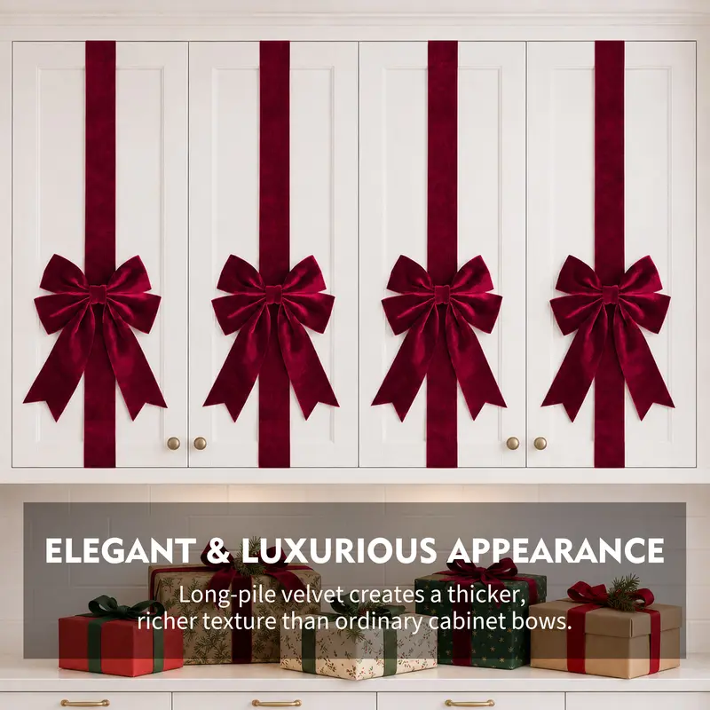4-Piece Velvet Christmas Cabinet Bows – Ribbon Decorations for Doors