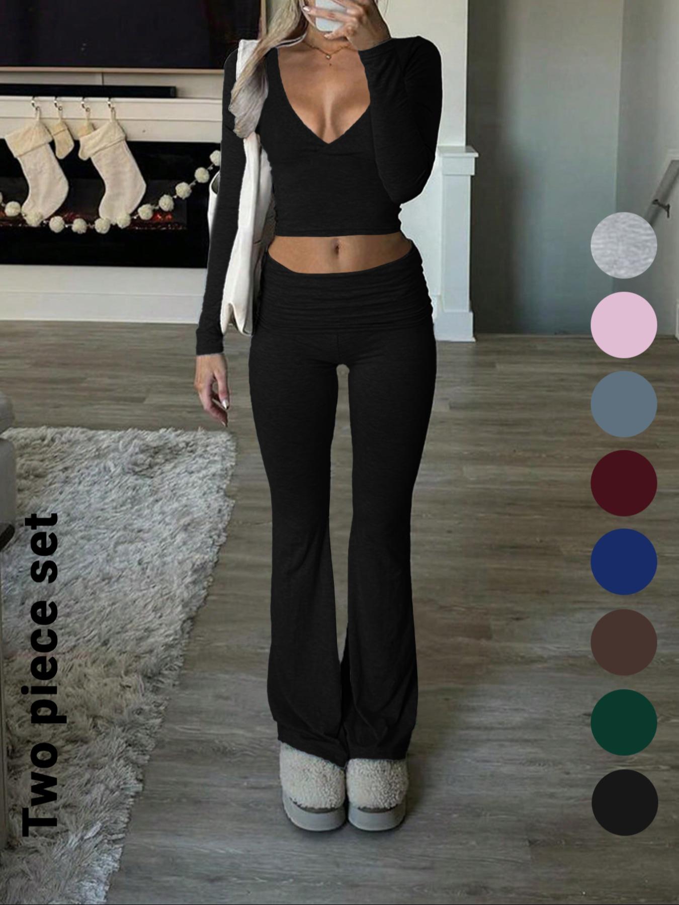 Slim-Fit Crop Top & Pants Two-Piece Set, Chic Solid Color V-Neck Long Sleeve for Fall and Winter, Airport Outfit Womenswear