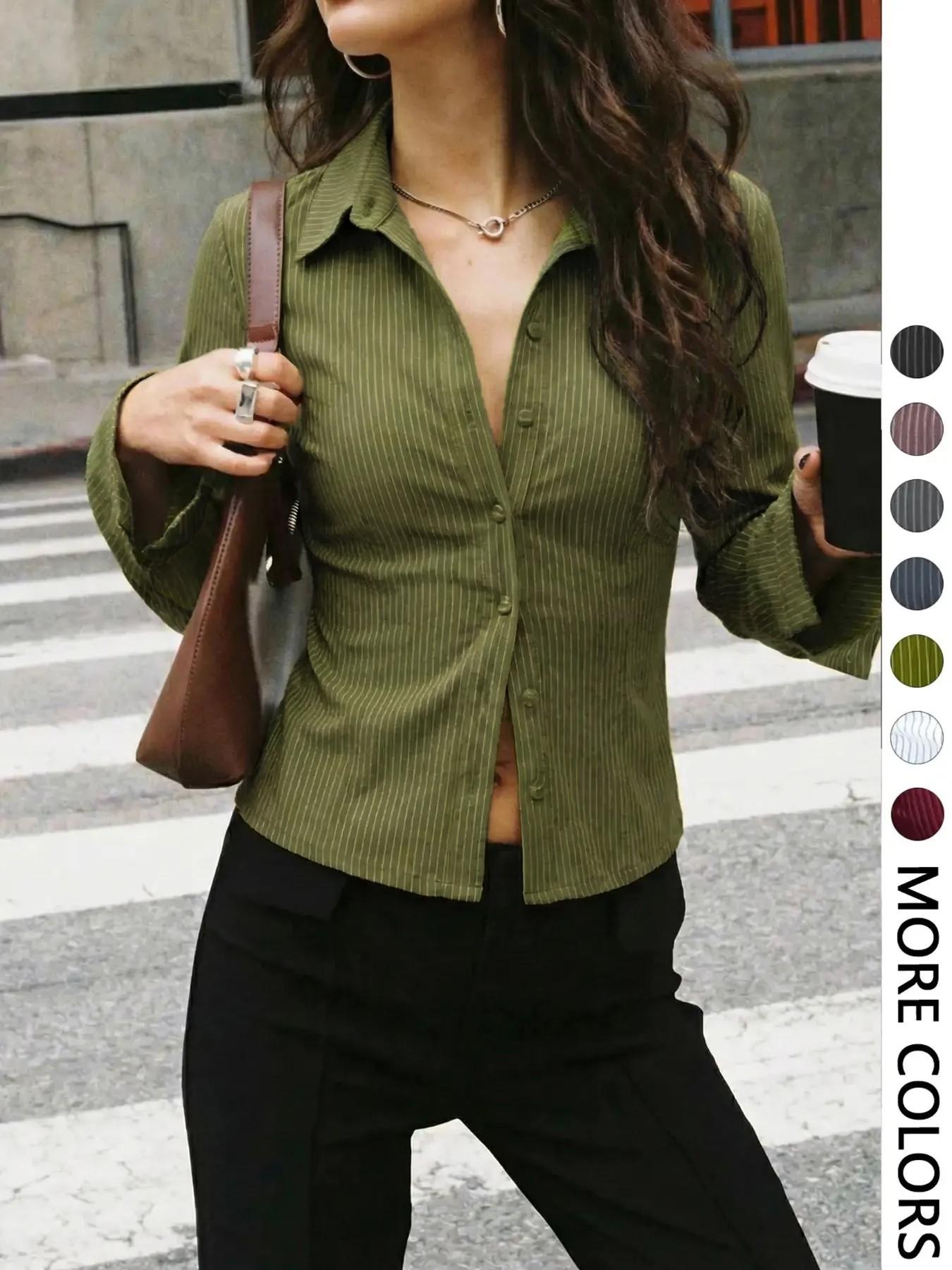 Women's V-Neck Button Front Blouse, Long Sleeve Slim-Fit Casual Shirt, Striped Pattern, Spring & Fall Fashion, Daily Wear